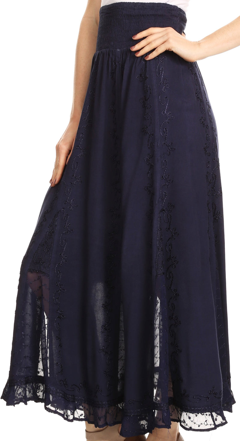 Sakkas Monola Long Tall Lace Embroidered Paneled Adjustable Waist Flare Skirt