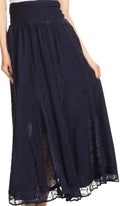 Sakkas Monola Long Tall Lace Embroidered Paneled Adjustable Waist Flare Skirt#color_Navy