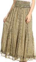 Sakkas Monola Long Tall Lace Embroidered Paneled Adjustable Waist Flare Skirt#color_Olive