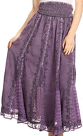 Sakkas Monola Long Tall Lace Embroidered Paneled Adjustable Waist Flare Skirt#color_Purple