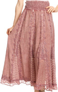 Sakkas Monola Long Tall Lace Embroidered Paneled Adjustable Waist Flare Skirt#color_Rose