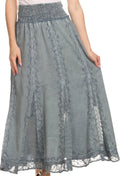 Sakkas Monola Long Tall Lace Embroidered Paneled Adjustable Waist Flare Skirt#color_SteelBlue