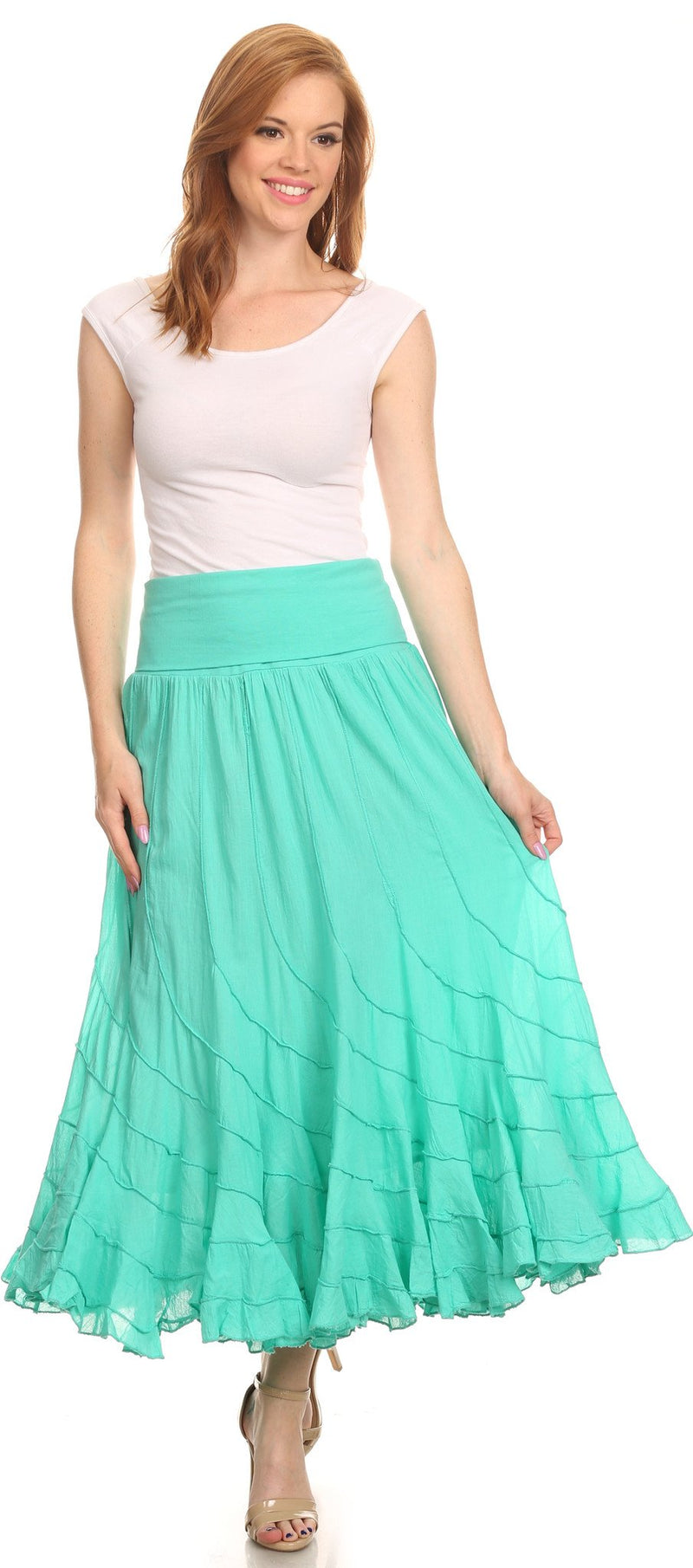 Sakkas Lika Long Ruffle Paneled Fold Over Adjustable High Waist Batik Flare Skirt