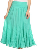 Sakkas Lika Long Ruffle Paneled Fold Over Adjustable High Waist Batik Flare Skirt#color_Aqua