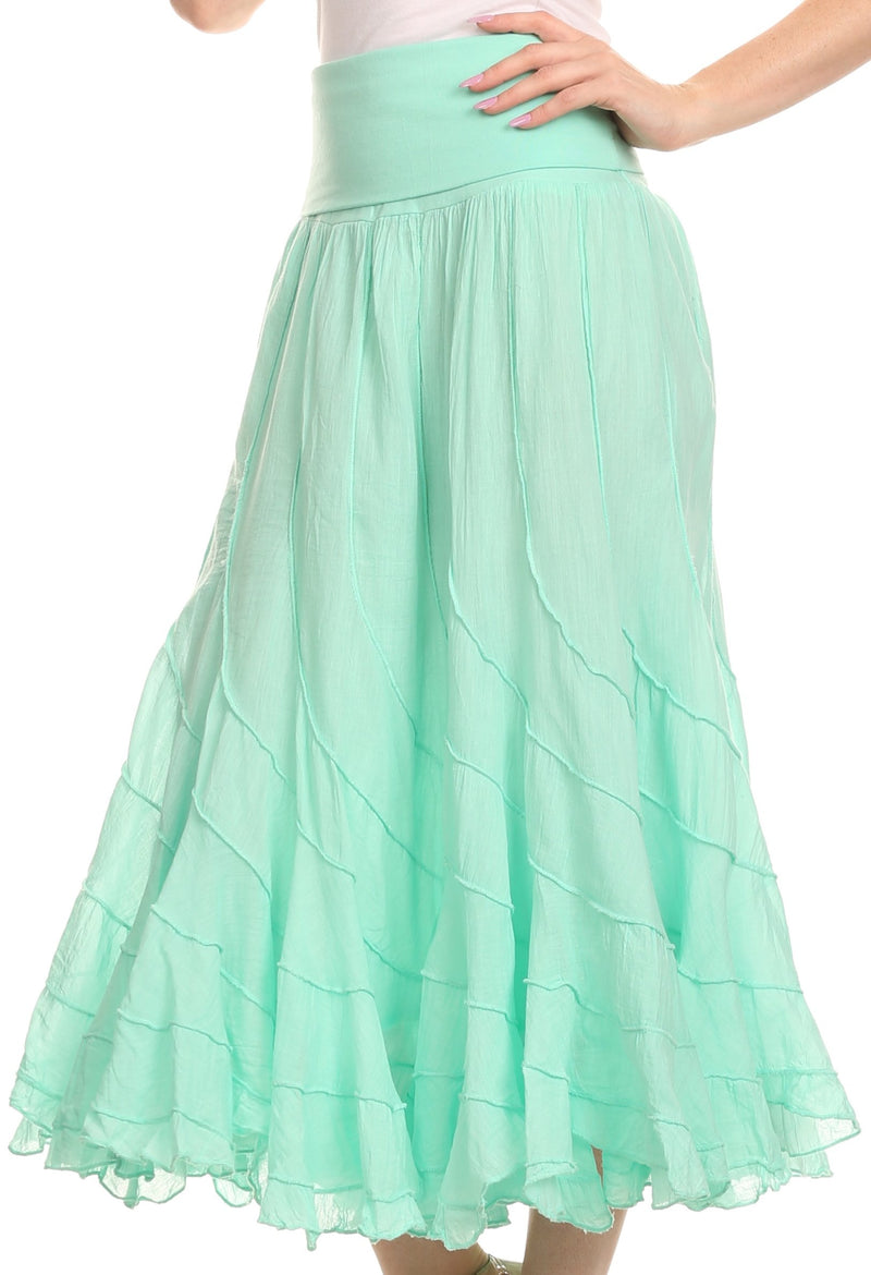 Sakkas Lika Long Ruffle Paneled Fold Over Adjustable High Waist Batik Flare Skirt