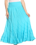 Sakkas Lika Long Ruffle Paneled Fold Over Adjustable High Waist Batik Flare Skirt#color_Turquoise