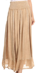 Sakkas Ines Womens Gypsy Maxi Bohemian Long Skirt With Elastic Smock Waist & Lace#color_Sand