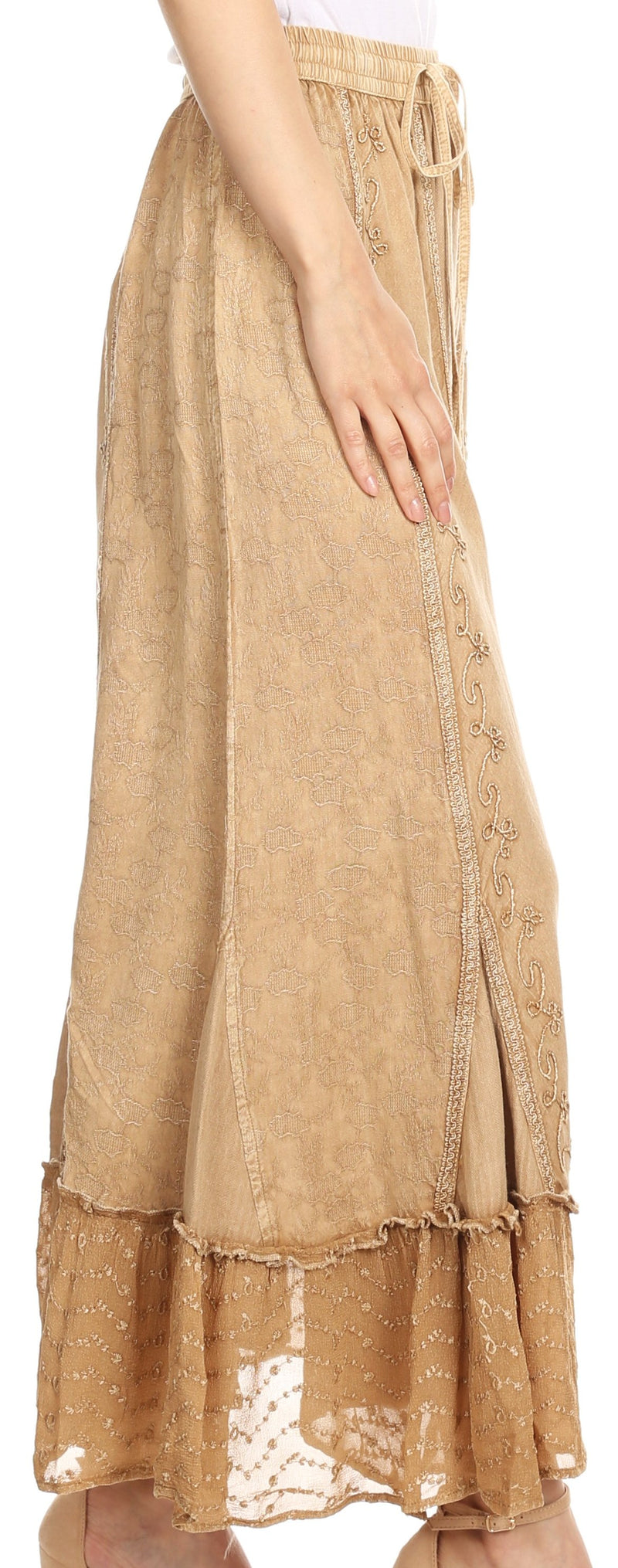 Sakkas Monica Womens Gypsy Bohemian Long Maxi Skirt with Elastic Waist and Lace