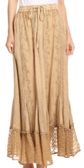 Sakkas Monica Womens Gypsy Bohemian Long Maxi Skirt with Elastic Waist and Lace#color_Sand