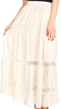 Sakkas Salina Boho Maxi Skirt with Embroidery and Crochet Lace  Adjustable Waist#color_Ecru