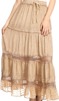 Sakkas Salina Boho Maxi Skirt with Embroidery and Crochet Lace  Adjustable Waist#color_Fawn