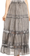 Sakkas Salina Boho Maxi Skirt with Embroidery and Crochet Lace  Adjustable Waist#color_Charcoal