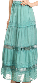 Sakkas Salina Boho Maxi Skirt with Embroidery and Crochet Lace  Adjustable Waist