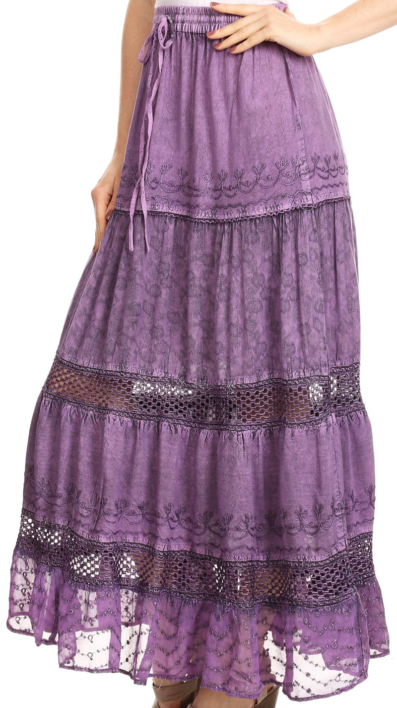 Sakkas Salina Boho Maxi Skirt with Embroidery and Crochet Lace  Adjustable Waist