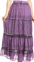 Sakkas Salina Boho Maxi Skirt with Embroidery and Crochet Lace  Adjustable Waist#color_LightPurple