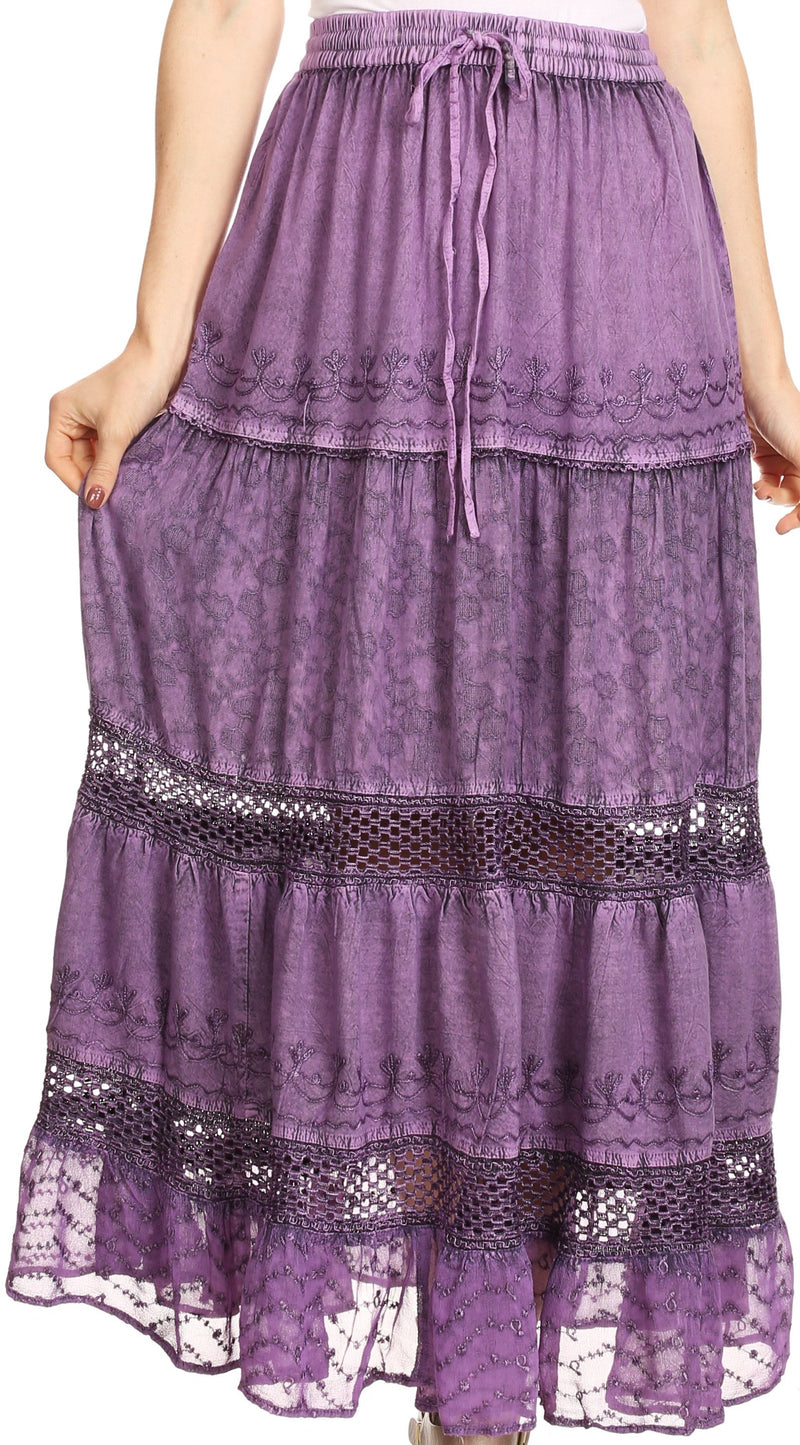 Sakkas Salina Boho Maxi Skirt with Embroidery and Crochet Lace  Adjustable Waist