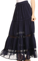 Sakkas Salina Boho Maxi Skirt with Embroidery and Crochet Lace  Adjustable Waist