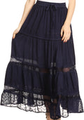 Sakkas Salina Boho Maxi Skirt with Embroidery and Crochet Lace  Adjustable Waist#color_Navy