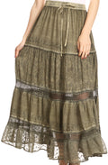 Sakkas Salina Boho Maxi Skirt with Embroidery and Crochet Lace  Adjustable Waist#color_Olive