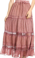 Sakkas Salina Boho Maxi Skirt with Embroidery and Crochet Lace  Adjustable Waist#color_Rose