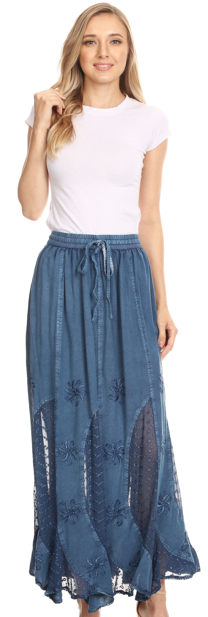 Sakkas Aleja Womens Bohemian Gypsy Maxi Long Skirt Adjustable Elastic Waist Lace