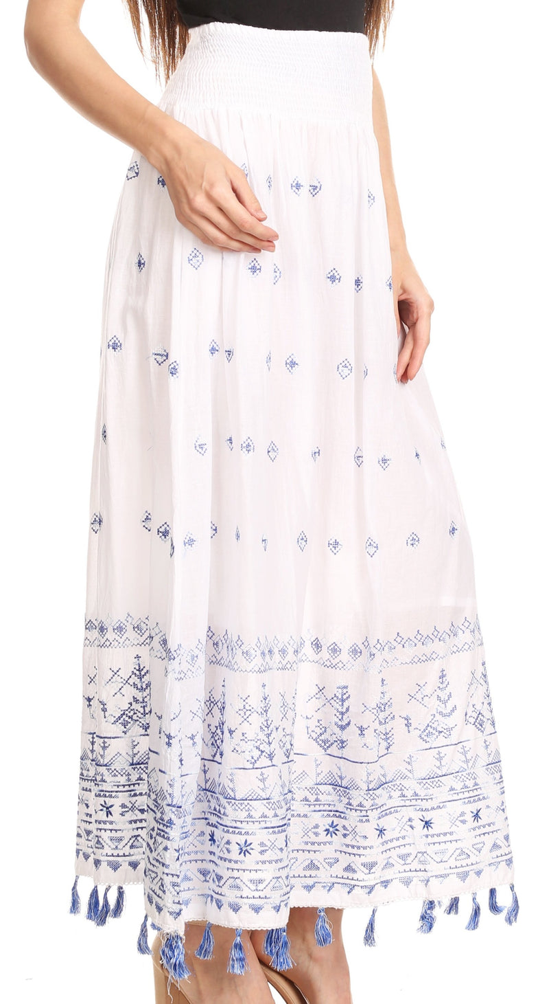Sakkas Serena Boho Casual Gypsy Peasant Skirt with  Embroidery and Tassels