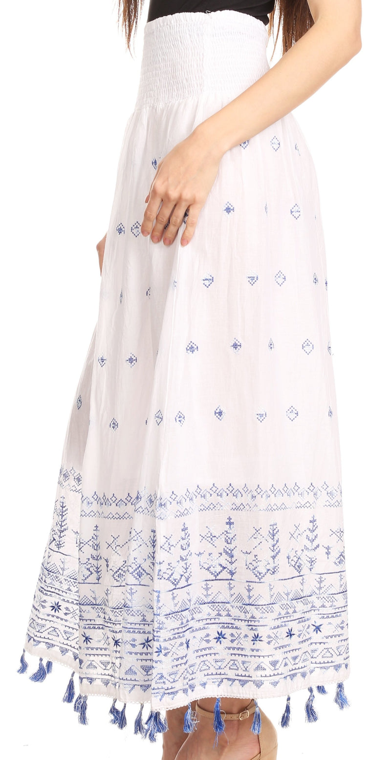 Sakkas Serena Boho Casual Gypsy Peasant Skirt with  Embroidery and Tassels