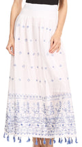 Sakkas Serena Boho Casual Gypsy Peasant Skirt with  Embroidery and Tassels#color_White