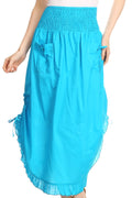 Sakkas Coco Long Cotton Ruffle Skirt with Pockets and Elastic Waistband#color_Turquoise