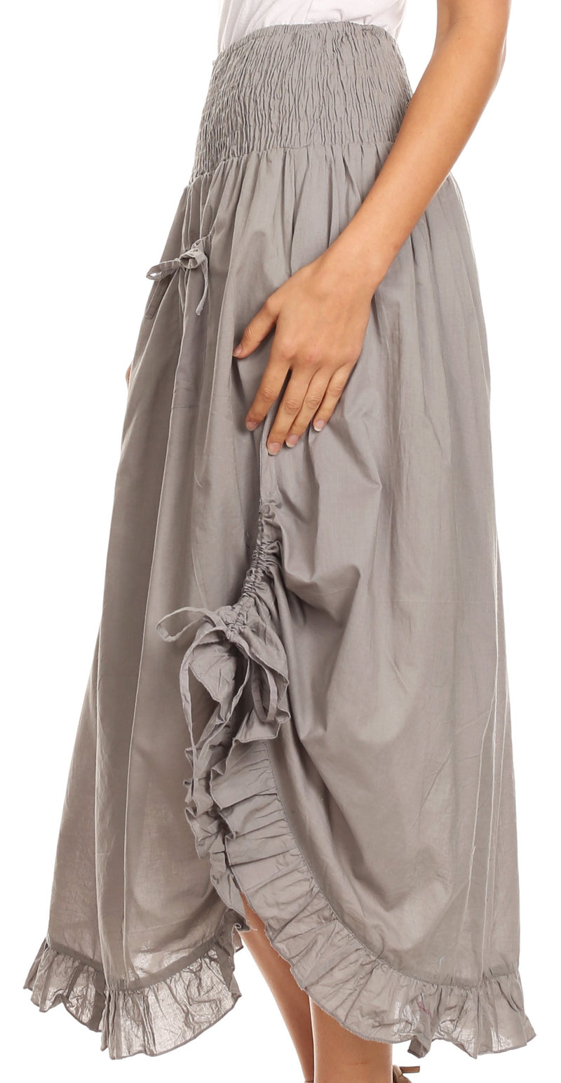 Sakkas Coco Long Cotton Ruffle Skirt with Pockets and Elastic Waistband