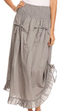 Sakkas Coco Long Cotton Ruffle Skirt with Pockets and Elastic Waistband#color_Grey