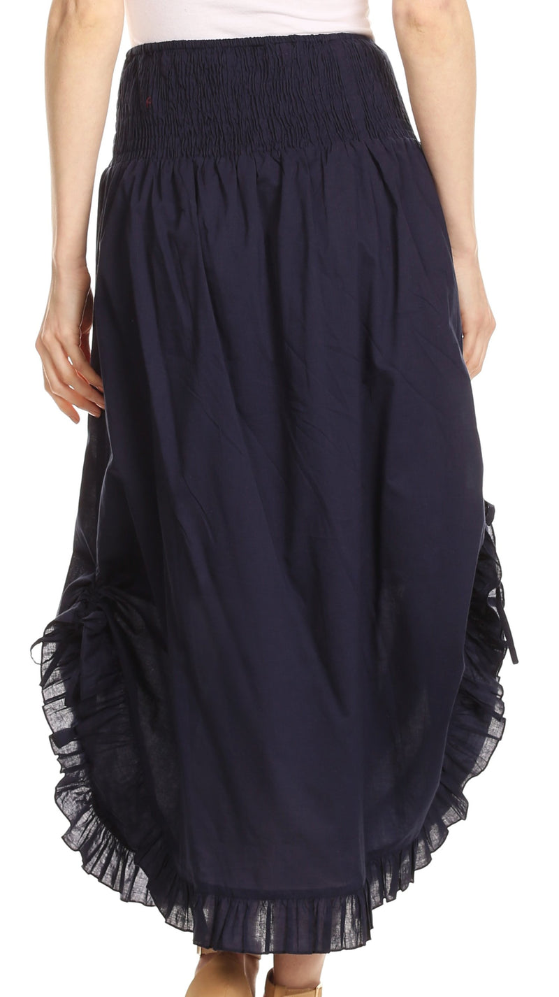 Sakkas Coco Long Cotton Ruffle Skirt with Pockets and Elastic Waistband