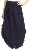 Sakkas Coco Long Cotton Ruffle Skirt with Pockets and Elastic Waistband#color_Navy