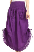 Sakkas Coco Long Cotton Ruffle Skirt with Pockets and Elastic Waistband#color_Purple