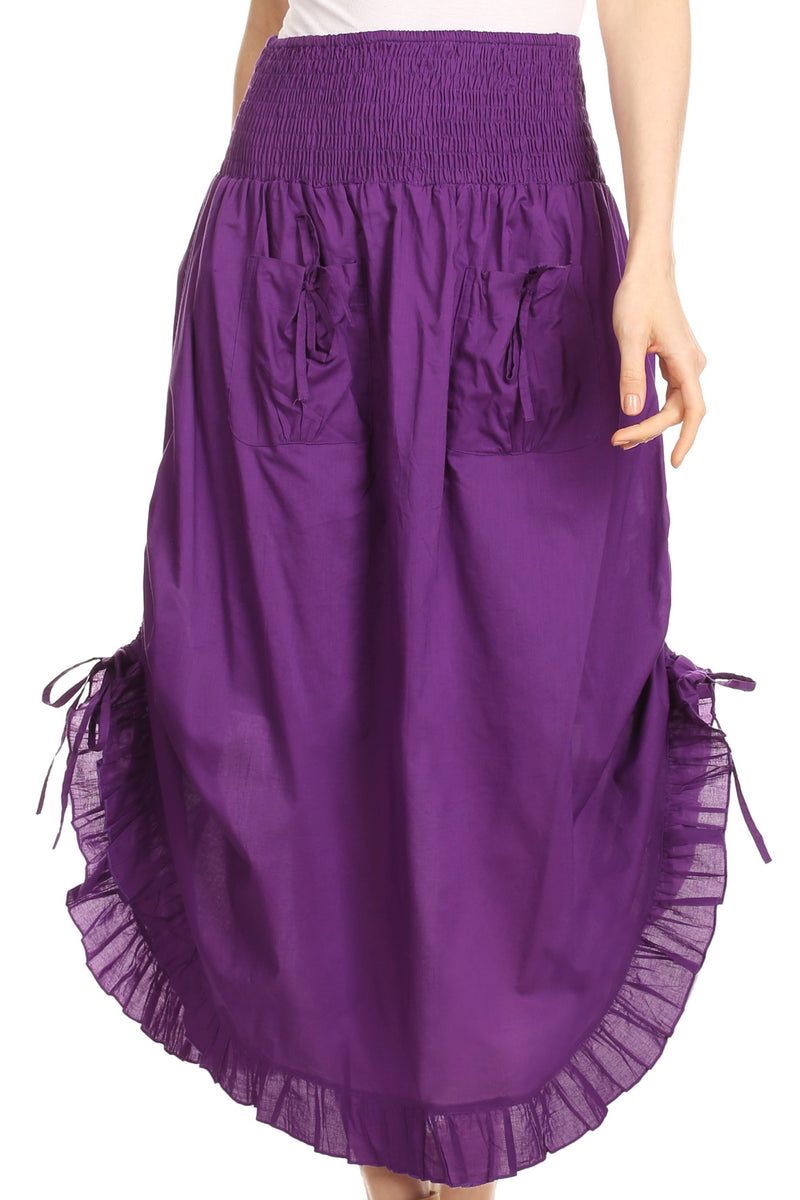 Sakkas Coco Long Cotton Ruffle Skirt with Pockets and Elastic Waistband