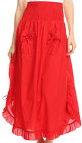 Sakkas Coco Long Cotton Ruffle Skirt with Pockets and Elastic Waistband#color_Red