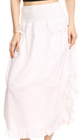 Sakkas Coco Long Cotton Ruffle Skirt with Pockets and Elastic Waistband#color_White