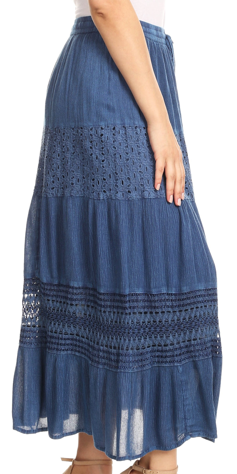 Sakkas Julita Womens Stonewashed Peasant Boho Prairie Midi Skirt with Lace