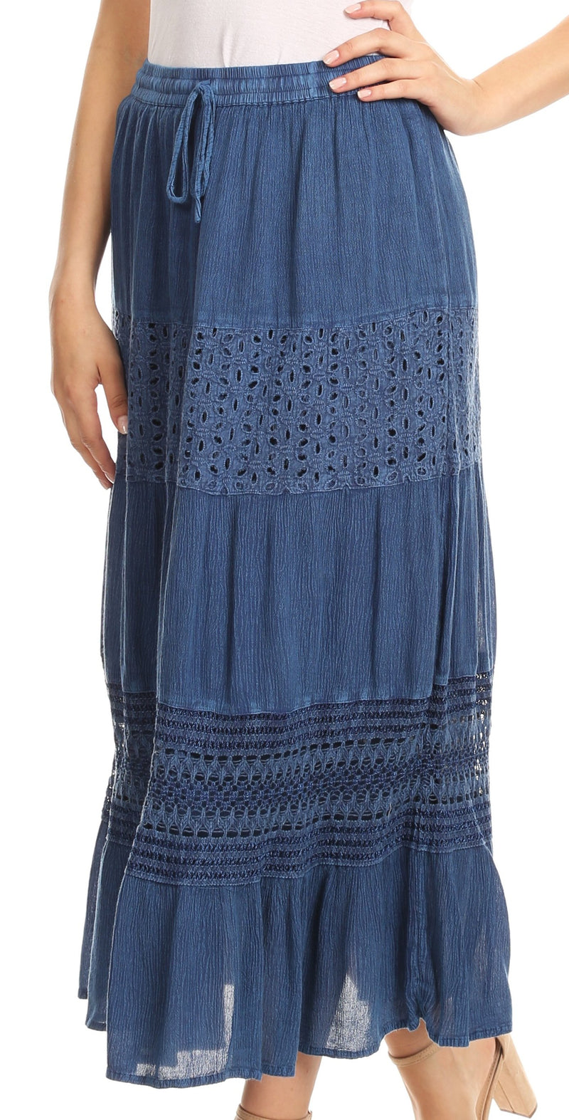 Sakkas Julita Womens Stonewashed Peasant Boho Prairie Midi Skirt with Lace