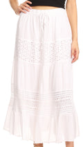 Sakkas Julita Womens Stonewashed Peasant Boho Prairie Midi Skirt with Lace#color_White