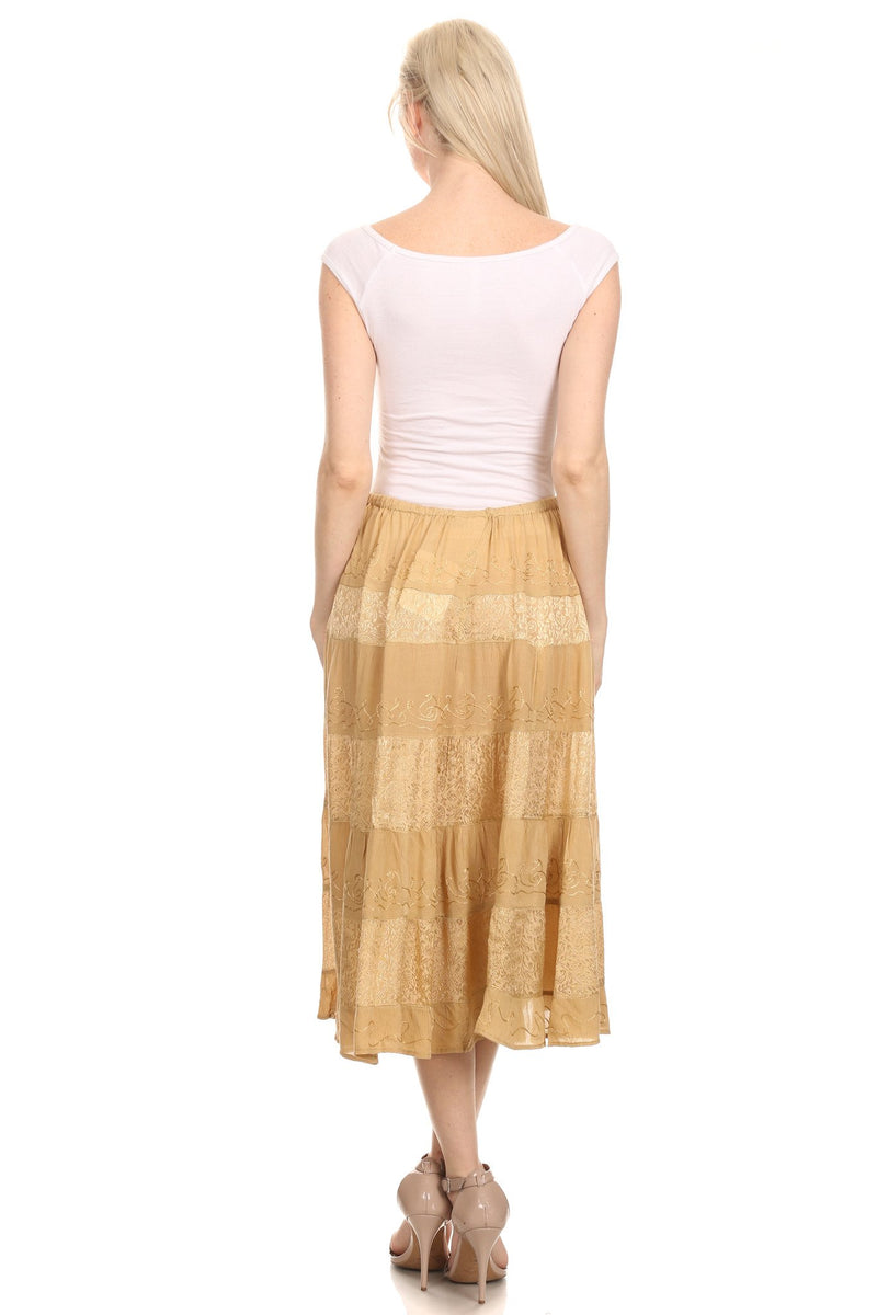Sakkas Rowan Mid Length Bohemian Embroidered Skirt With Adjustable Waist