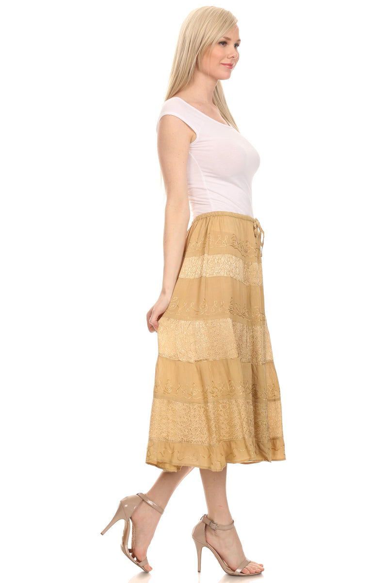 Sakkas Rowan Mid Length Bohemian Embroidered Skirt With Adjustable Waist