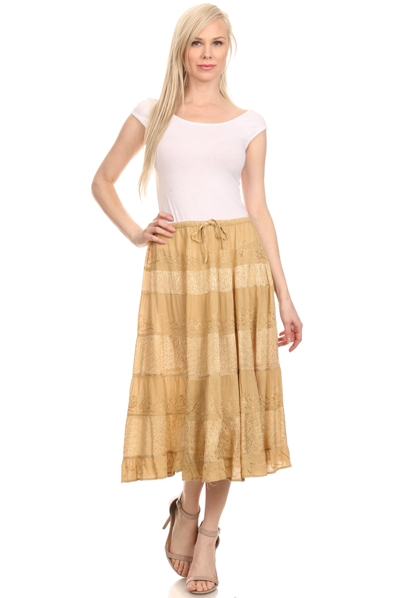 Sakkas Rowan Mid Length Bohemian Embroidered Skirt With Adjustable Waist
