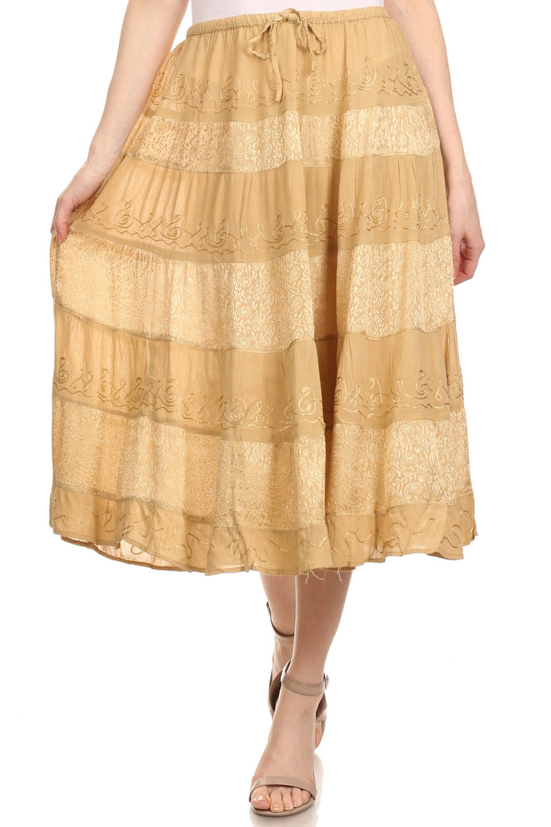 Sakkas Rowan Mid Length Bohemian Embroidered Skirt With Adjustable Waist