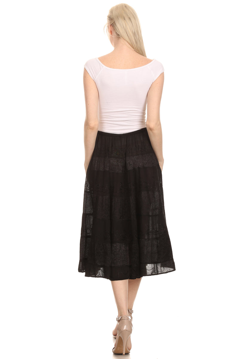 Sakkas Rowan Mid Length Bohemian Embroidered Skirt With Adjustable Waist