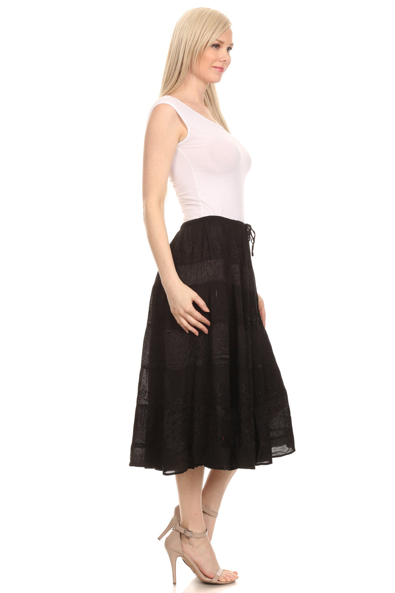 Sakkas Rowan Mid Length Bohemian Embroidered Skirt With Adjustable Waist