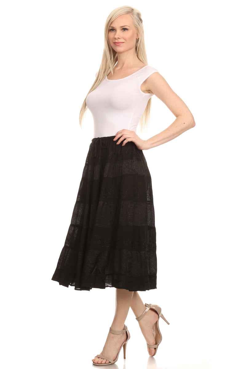 Sakkas Rowan Mid Length Bohemian Embroidered Skirt With Adjustable Waist