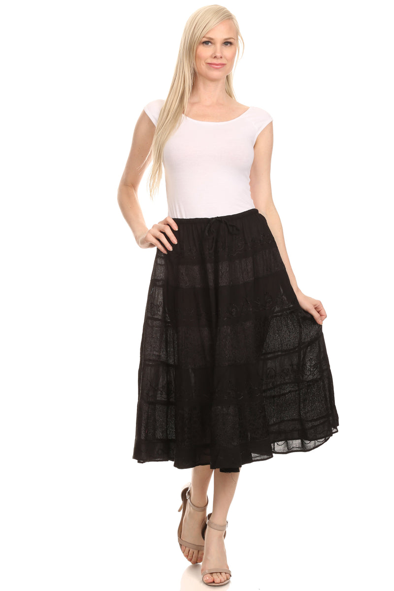 Sakkas Rowan Mid Length Bohemian Embroidered Skirt With Adjustable Waist