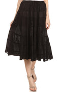 Sakkas Rowan Mid Length Bohemian Embroidered Skirt With Adjustable Waist#color_Black