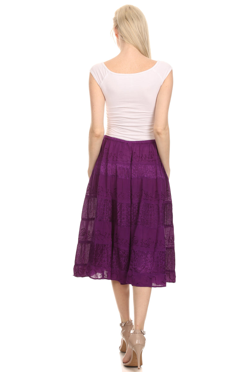 Sakkas Rowan Mid Length Bohemian Embroidered Skirt With Adjustable Waist